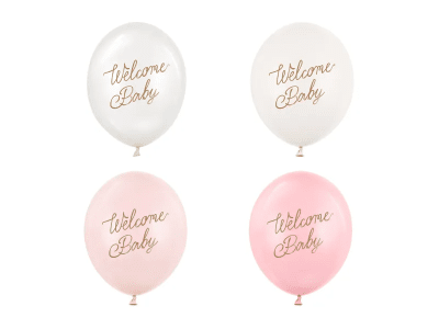 Балони латекс Welcome baby, бебешко парти, момиче, 5 броя микс розов