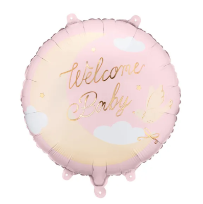 Розов фолиев балон Welcome baby с луна и гълъб, кръг 45 см