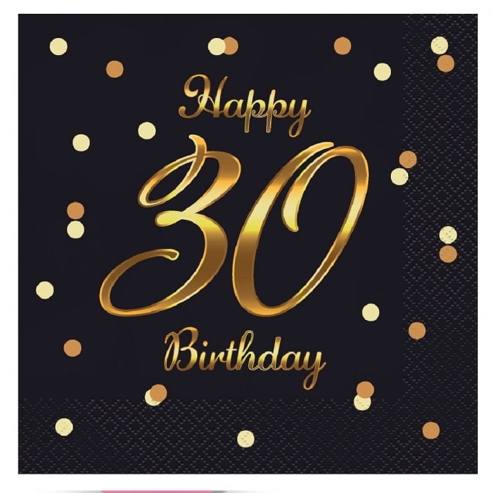 Салфетки за 30-и рожден ден, 30 години, черно и златно, 20 броя ...