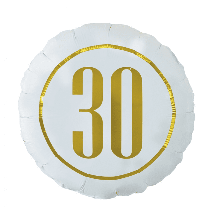Бял балон кръг за 30-и рожден ден, златен принт, 45 см | Partilino.com