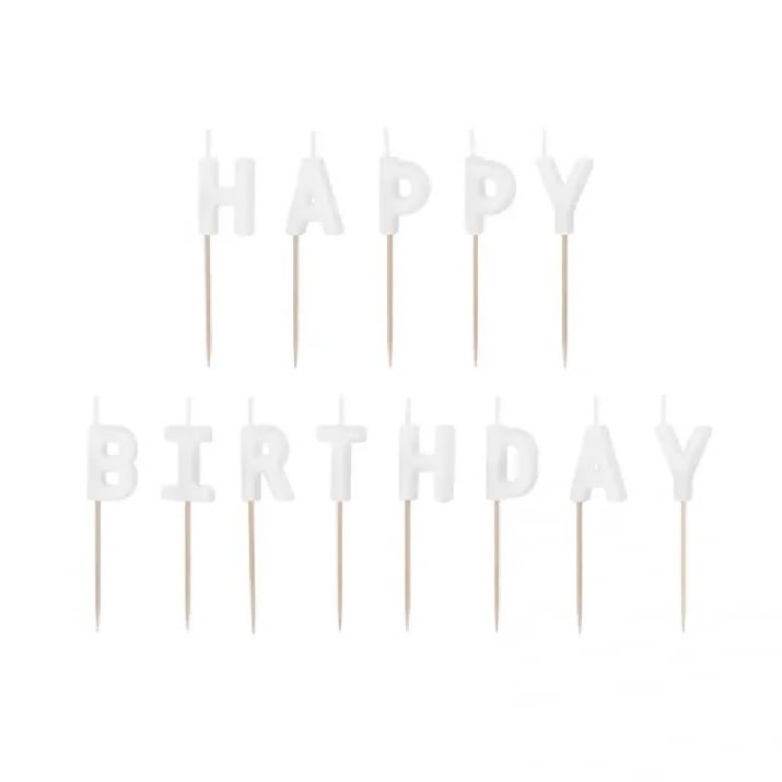 Бели свещи за рожден ден, букви Happy Birthday | Partilino.com