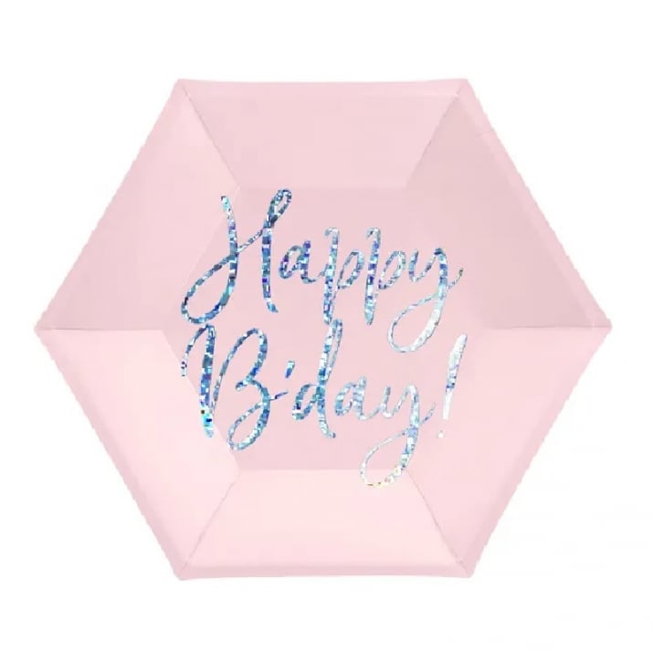 Светлорозови чинийки, сребрист надпис Happy Birthday, 6 броя ...