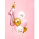 Комплект балони One, първи рожден ден, розова цифра с коронка, 7 броя