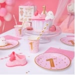 Малки розови чинийки за първи рожден ден момиче 1st Birthday, 6 броя