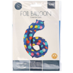 Син фолиев балон цифра 6, цветни точки, 100 см
