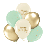 Балони с печат Happy Birthday, зелени, бежови и златни, 6 броя