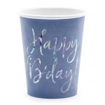 Синьо-лилави чаши с надпис Happy Birthday холограмно сребро, 6 броя