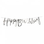 Лъскав сребърен банер Happy Birthday, ръкописни букви