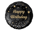 Черен фолиев балон златист надпис Happy Birthday, кръг 45 см