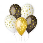 Черни, златни и бели балони с печат звезди, 6 броя
