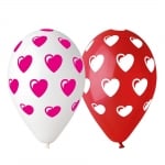 Балони с печат сърца, червени и бели, 5 броя