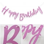 Розово-лилав банер за рожден ден ръкописни букви Happy Birthday