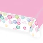 Хартиена светлорозова покривка за рожден ден пастел дъга с балони