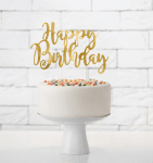 Топер за торта за рожден ден ръкописни букви Happy Birthday, злато металик
