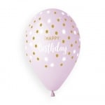 Балон Светлолилав Happy Birthday златни и бели точки 33 см, 1 бр