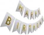 Банер надпис HAPPY BIRTHDAY / ЧЕСТИТ РОЖДЕН ДЕН Сребърен брокат със златни букви