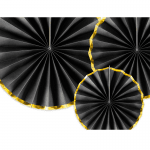 Черни декоративни хартиени розетки, ветрила, златен кант, 3 броя