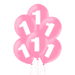 Розови балони с единица, за 1-ви рожден ден, 5 броя