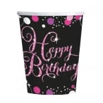 Чаши Happy Birthday в черно и розово, 8 броя