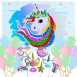 Комплект за рожден ден Еднорог (плакат, аксесоари за снимки и балони)