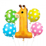Комплект фолиеви балони за първи рожден ден сафари с цифра 1 жираф, 5 броя