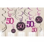 Висящи декорации за 50-и рожден ден в черно и розово, 12 броя