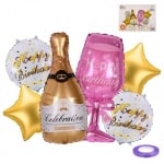 Комплект балони за рожден ден Чаша и бутилка шампанско в розово и златно, 6 броя
