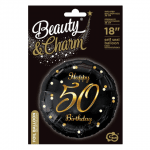 Балон за 50-и рожден ден в черно и златно, кръг 43 см