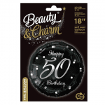 Балон за 50-и рожден ден, черен, принт сребро, кръг 43 см