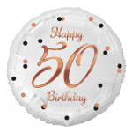 Балон за 50-и рожден ден, бял, принт розово злато, кръг 43 см
