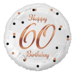 Балон за 60-и рожден ден, бял, принт розово злато, кръг 43 см