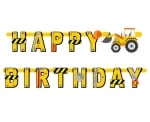 Гирлянд банер Строителни машини Багер Happy Birthday, 220 х 16 см