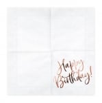 Бели салфетки с надпис Happy Birthday розово злато металик, 20 броя
