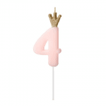 Розова свещ за торта цифра 4, с коронка, 9.5 см