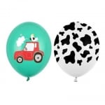 Латексови балони ферма, принт крава и трактор, 5 броя