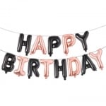 Надпис фолиеви балони букви Happy Birthday, черни и розово злато