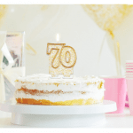 Бяла свещ за торта число 70, златен кант, 8 см
