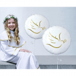 Бял фолиев балон със златен гълъб, кръг 45 см