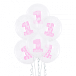 Прозрачни балони с розова единица, за 1-ви рожден ден, 5 броя
