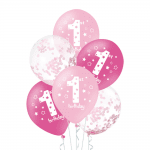 Розови балони с цифра 1, единица и конфети, първи рожден ден, 6 броя