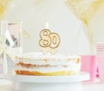 Бяла свещ за торта число 80, златен кант, 8 см