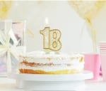 Бяла свещ за торта число 18, златен кант, 8 см