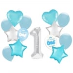 Комплект балони с цифра едно, за 1-ви рожден ден, в синьо и сребърно, 14 броя