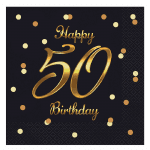Черни салфетки златист принт 50-и рожден ден, 50 години, 20 броя