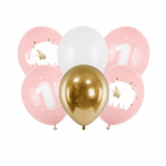 Розови балони с единица и слонче, първи рожден ден момиче, 6 броя