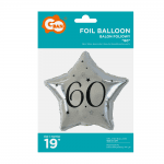 Балон за 60-и рожден ден, сребърна звезда, черен принт, 48 см