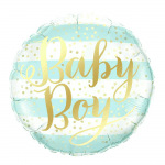 Син балон златен надпис Baby boy, бебешко парти момче, кръг 45 см
