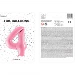 Фолиев балон цифра 4, четворка, розов пастел, 100 см