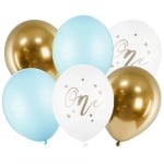 Балони One, първи рожден ден, син пастел, 6 броя