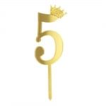 Златен топер цифра 5, с коронка, акрил, 11 см